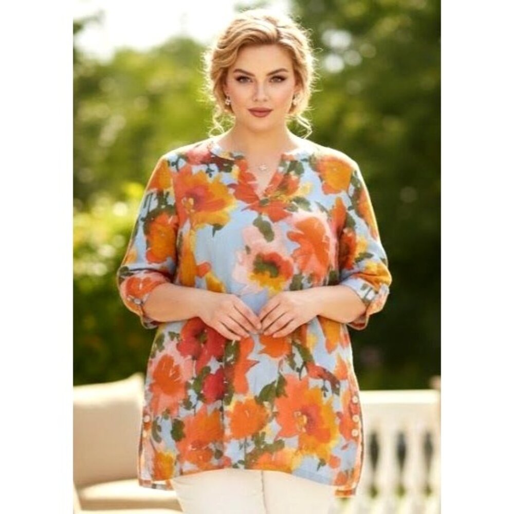 NWT Joie Linen Popover Tunic Top Floral Blouse Plus 3X Vibrant 3/4 Sleeve